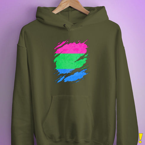 Polysexual Pride Flag Ripped Reveal Hoodie - Army